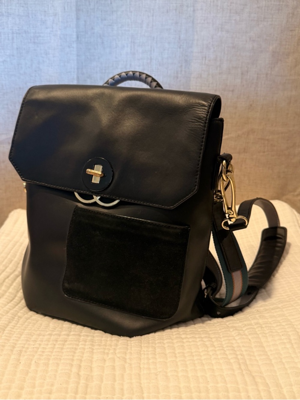 Ted baker Black Leather Backpack purse with Contrast Strap